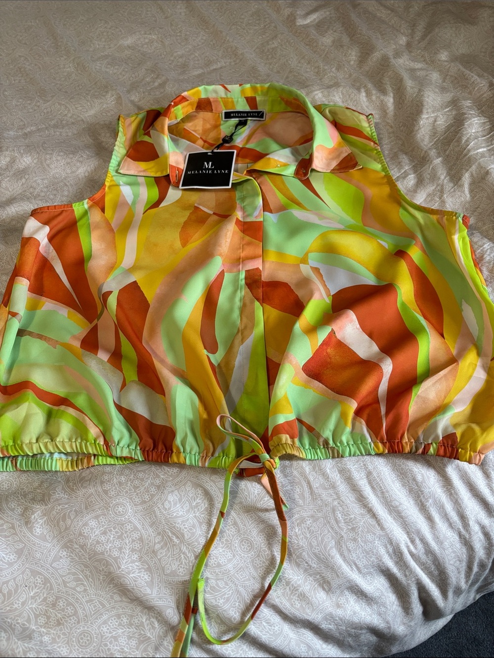 NWT Melanie Lyne Neon Green Orange Yellow Tie-Waist Sleeveless Crop Top size 14
